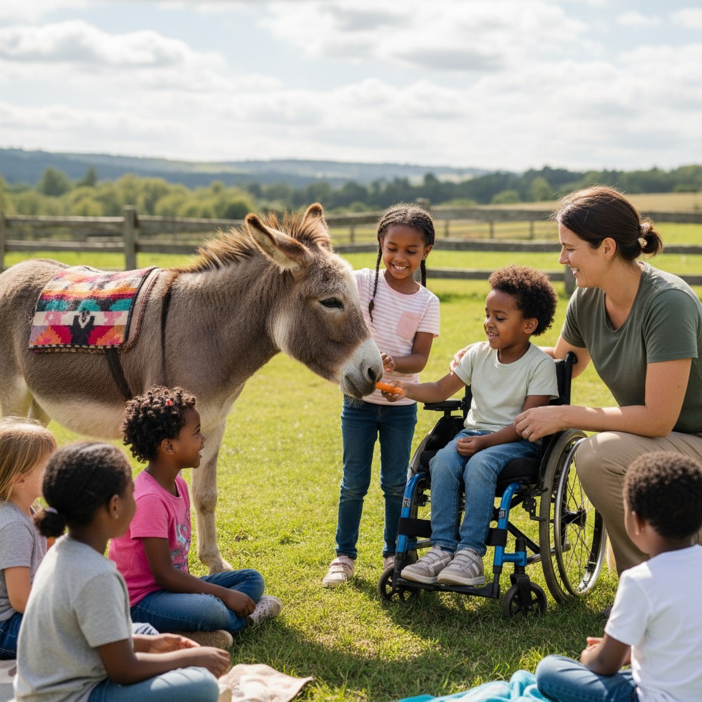 A group of diverse children and an adult woman interact with a donkey in a sunny, grassy field.
