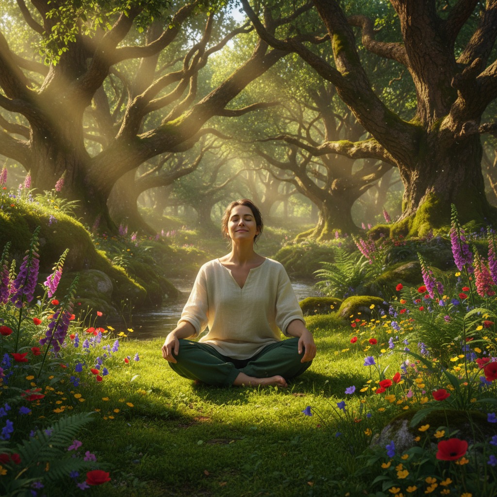 A woman sits in a meditative pose on a mossy forest floor surrounded by colorful wildflowers and sunlit trees.