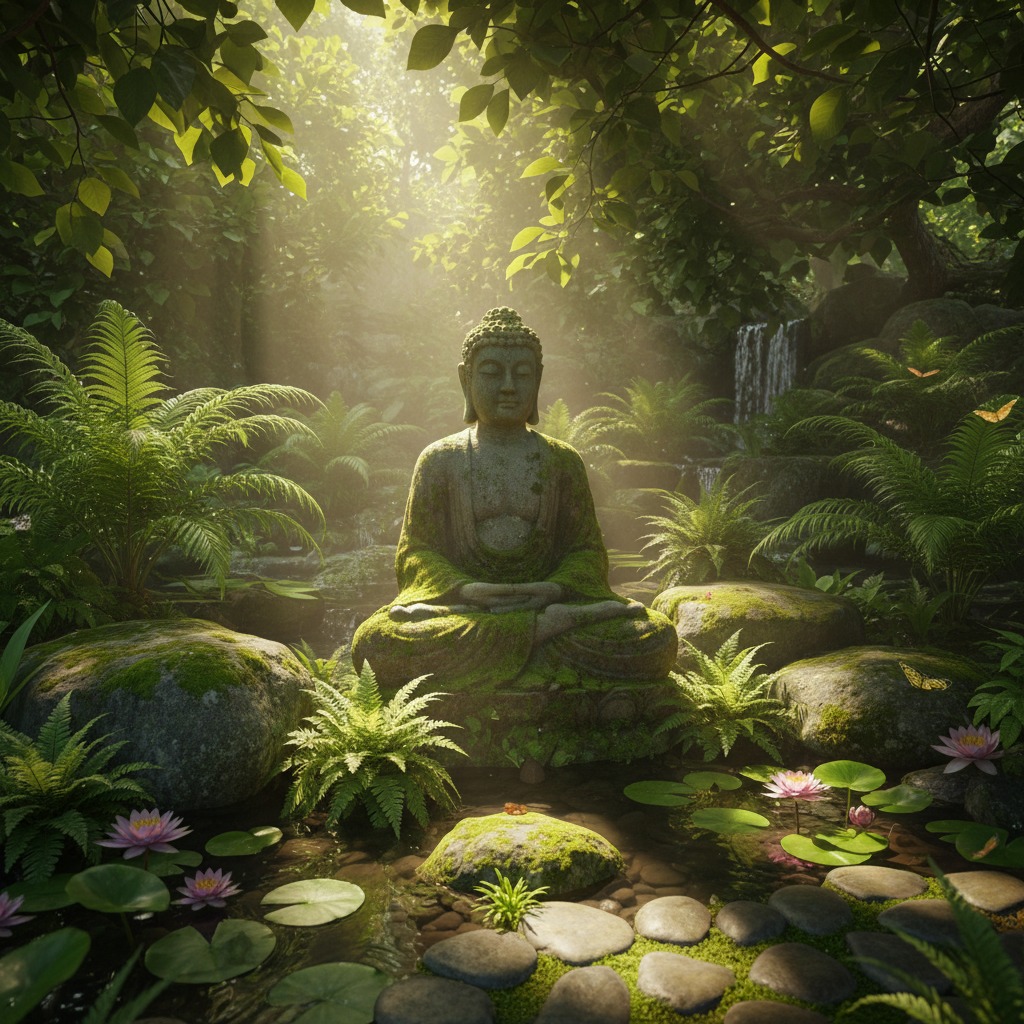 A moss-covered Buddha statue sits in meditation amidst a lush, sunlit garden with a small waterfall and a pond filled with lotus flowers.